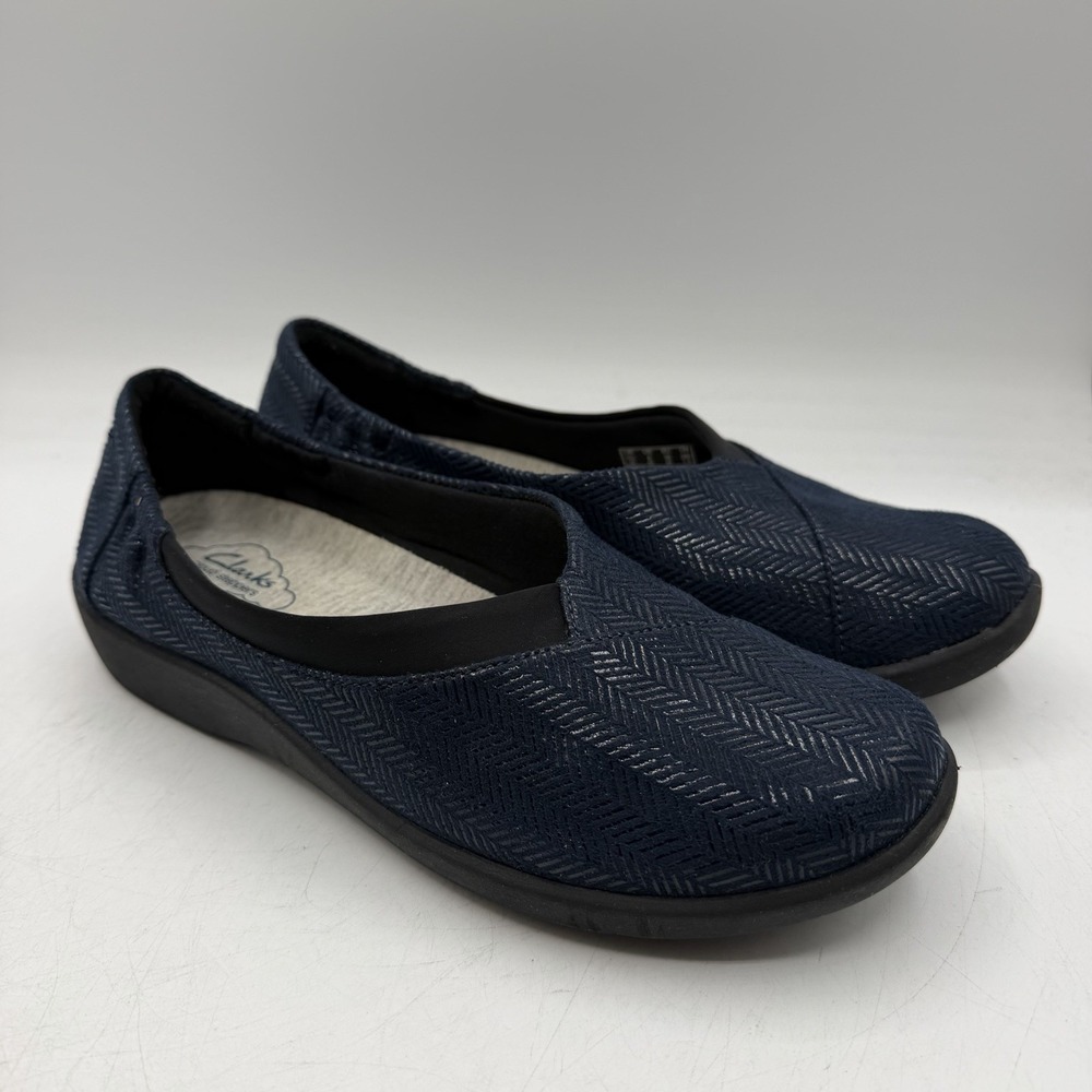 Clarks Cloudsteppers Sillian Jetay Flats Womens 8 M Navy Blue Herringbone Shoes